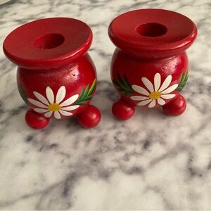 Vintage Swedish Red Floral Folk Art Candle Stick Holders Shelf Decor